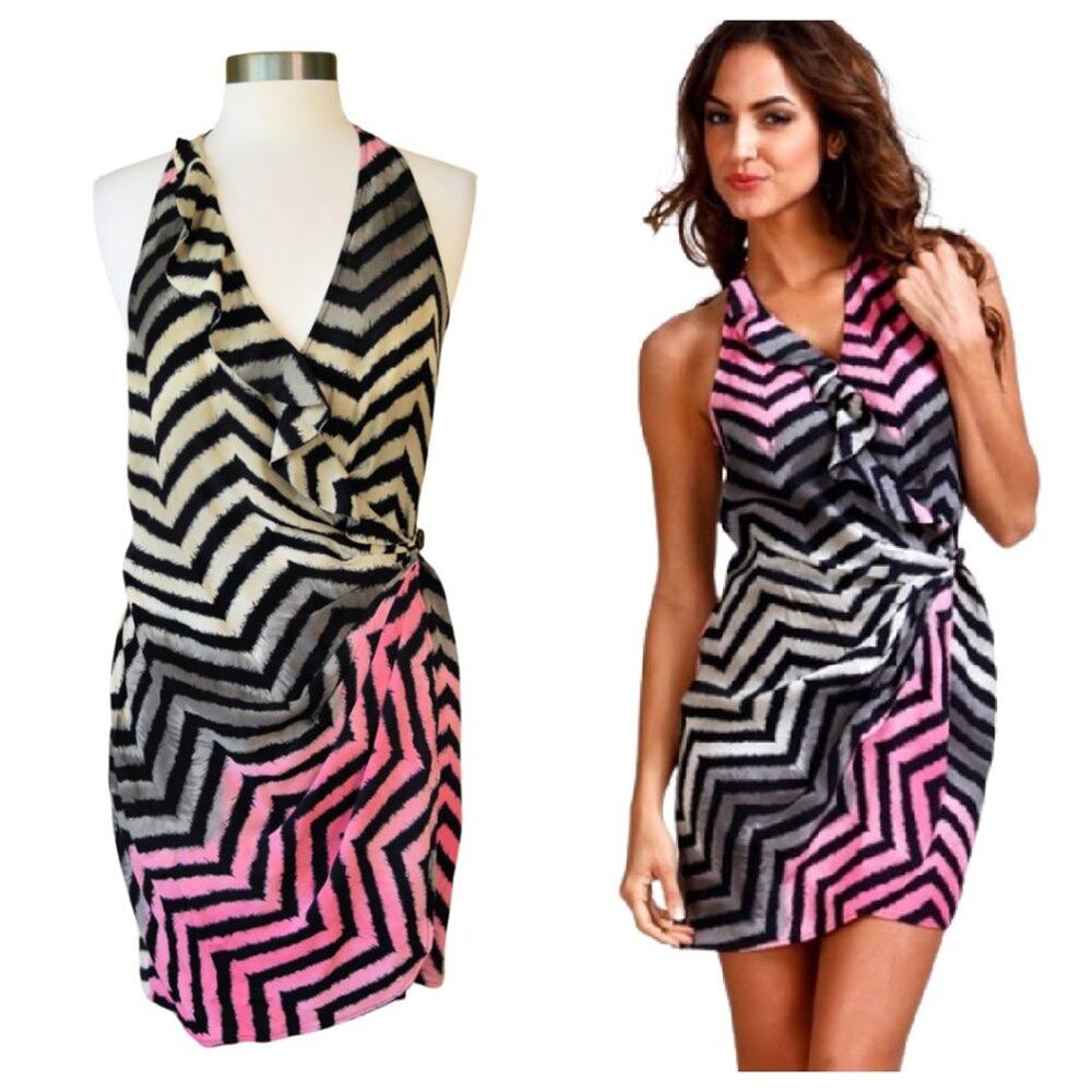 PARKER Silk Wrap Mini Dress Chevron Ruffle Pink Black Gray